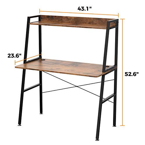 EUREKA ERGONOMIC,43 Inch 2-Tier Home Office Students Study Writing PC Gaming Table with Bookshelf Small Computer Ladder Desk with Storage Shelves,Modern Workstation for Space Saving, Rustic Brown