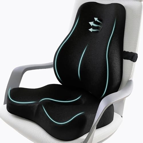 JIPORIER Seat Cushion & Lumbar Support Pillow for Office Chair,Memory Foam Chair Cushions for Tailbone Pain, Non-Slip Back Support for Desk,Gaming Chair,Wheelchair, Breathable & Machine Washable
