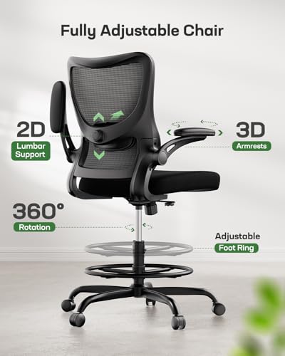 Marsail Drafting Chair, Tall Office Chair with 2D Lumbar Support, Standing Desk Chair with Padded Flip-Up Armrests & Adjustable Footrest Ring, Black