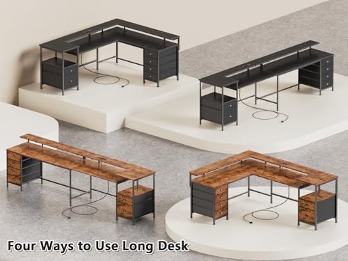 Furologee 66" Reversible L Shaped Gaming Desk with 6 Drawers & Printer Storage Shelves, Corner Computer Desk with Power Outlets & LED Lights, Home Office Table with Monitor Stand, Black