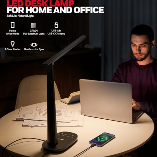 Honeywell LED Desk Lamp for Home Office, Eye-Caring Dimmable Reading Light with 4 Color Modes, Touch Control, USB-A & USB-C Charging Ports, Adjustable Head, Timer for Bedroom & Small Desks