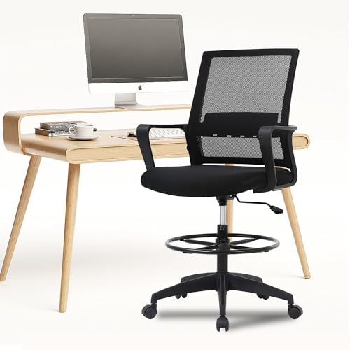 PayLessHere | Drafting Chair | Black | Tall Office Chair with Adjustable Seat Height & Footrest, Ergonomic Mesh Back, Lumbar Support, 360 Degree Swivel Rolling Wheels | for Workspaces & Home Office