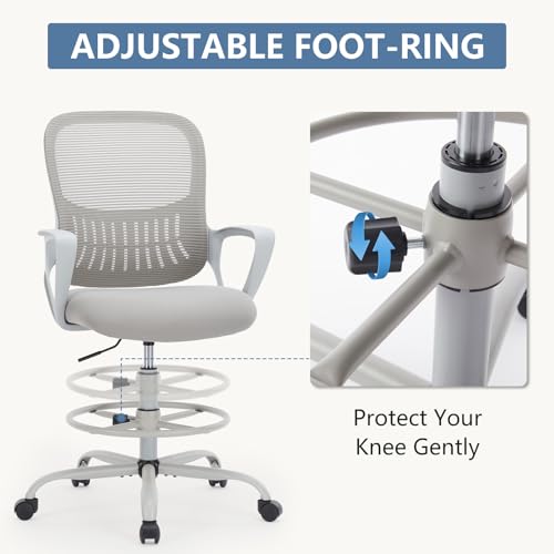 DUMOS Drafting Chair - Ergonomic Tall Office for Standing Desk, Counter with Height Adjustable and Comfortable Lumbar Support, Fixed Armrests, Grey