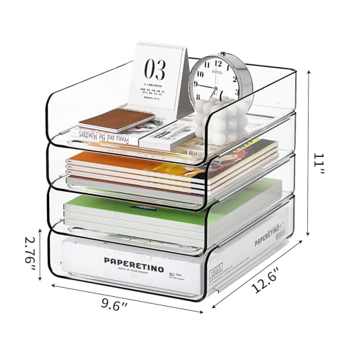 FANXIYQ 4-Tier Acrylic Paper Tray Organizer, Clear Stackable Desk File Organizer for Documents, Files, Letters, A4 Paper, Books, Notes, Mail & Paper Storage, Office Classroom Home