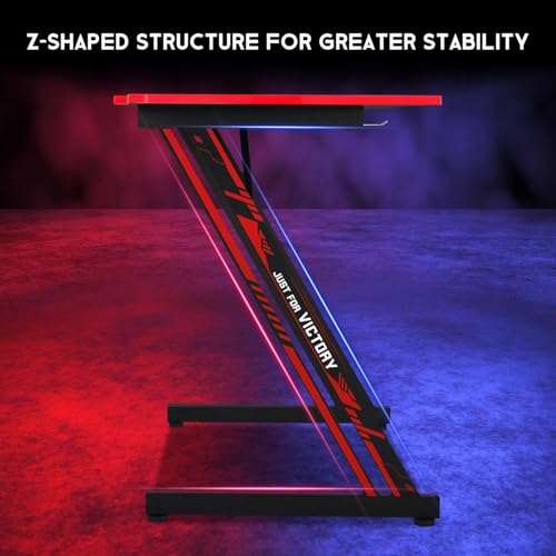 XXkseh 39 Inch Z-Shaped Computer Desk with Headset Hook - Ergonomic Small Gaming Table, MDF Desktop and Metal Frame, Red