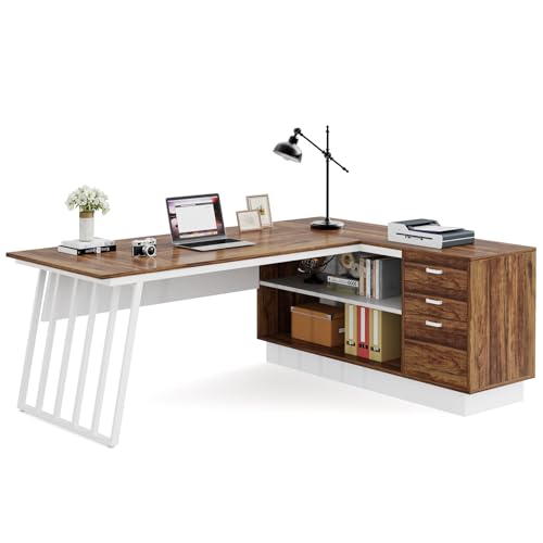 Tribesigns 71-Inch Executive Desk, L-Shaped Desk with Cabinet, Large Office Desk with Drawers and Storage Shelves, Writing Table Computer Desk for Home Office, Brown and White