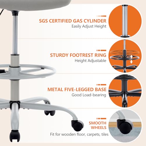 Sweetcrispy Tall Drafting Office Desk Chair - Ergonomic High Stool Computer Chair with Adjustable Height and Comfy Lumbar Support, Rolling Counter Height with Flip-up Arm and Footrest, Grey