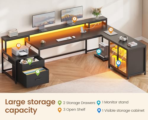 SEDETA L Shaped Gaming Desk, 78.7” Large Computer Desk with Drawers and Power Outlet & LED Light, Corner Gaming Desk with Storage Shelves, Display Cabinet for Home Office, Black