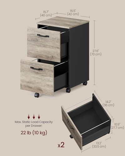 VASAGLE 2-Drawer File Cabinet, Small Rolling Filing Cabinet for Home Office, Printer Stand, for A4, Letter-Size Documents, 15.7 x 16.5 x 27.6 Inches, Heather Greige and Ink Black UOFC040B02