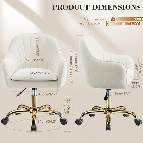 BestEra Vanity Chair with Wheels, Comfy Home Office Desk Chairs Adjustable Modern Velvet Makeup Vanity Chairs for Bedroom Living Room-Beige