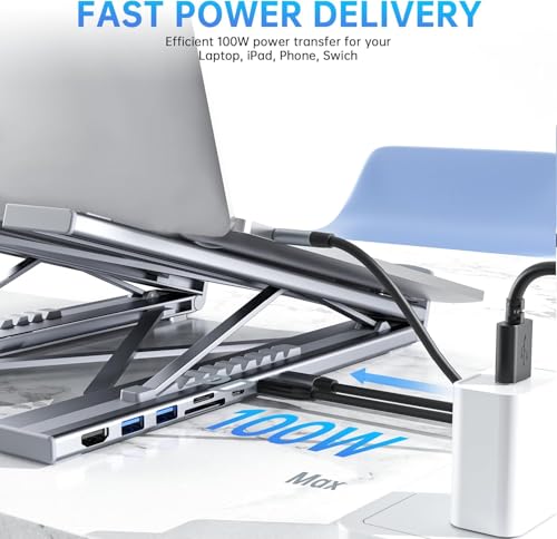 Umaniy Laptop Stand with Docking Station, 8 in 1 USB C Hub HDMI Portable Laptop Stand for Desk with USB Ports, Multiport USBC Dock Stands Foldable Adjustable Computer Riser Holder Dongle for MacBook