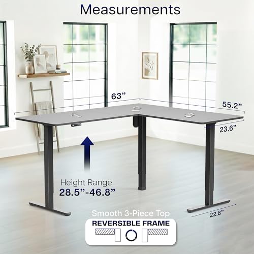 VIVO Corner Standing Desk, 63 x 55 inch Reversible L-Shaped Workstation, Electric Height Adjustment, Home, Office, and Reception Rooms, Black Table Top Black Frame, DESK-E3CTB