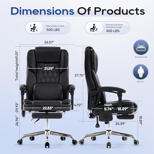 500LBS Massage Office Chair with Foot Rest, 3D Kneading Massage Home Office Desk Chairs, 22.83” Wide Big and Tall Office Chair for Heavy People, Ergonomic Reclining Gaming Chairs, Black