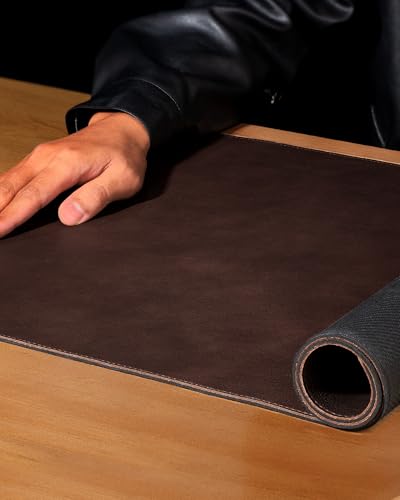 YSAGi Genuine Leather Desk Mat, 31.5"x15.8" Office Desk Pad, Thick Premium Table Pad with Stitched Line, Non-Slip Laptop Writing Pad with Rubber Base (Dark Brown, 31.5"x15.8")