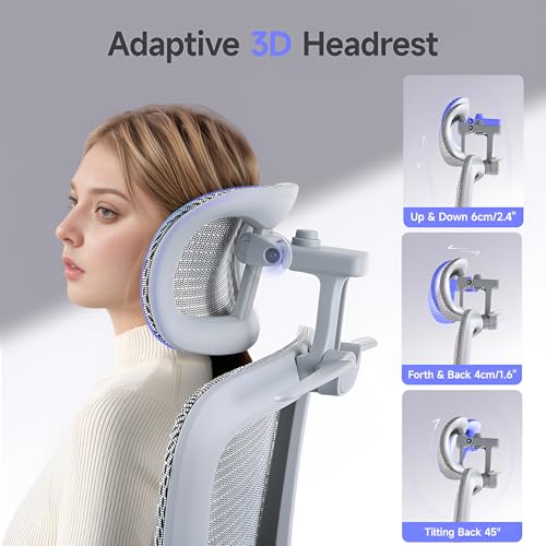 LarkLeaves Office Chair with Footrest, Ergonomic Chair with 3D Headrest, Computer Chair with Adjustable Backrest & 3D Armrest, Gaming Chair with Adaptive Lumbar Support, Mesh Backrest & Cushion, Grey