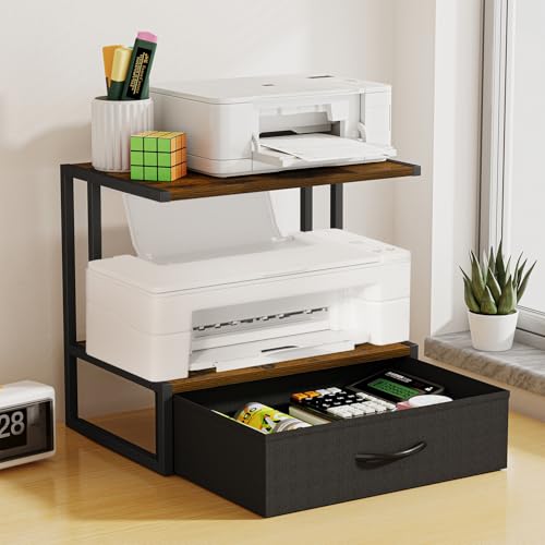 VYUOL Printer Stand with Storage for Desk, with Fabric Drawer Desktop Printer Stand Shelf Organzier for Home Office, for Above and Under Desk Printer Table, Fax Machine Copier Scanner, Brown