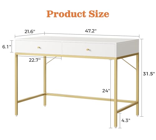SUPERJARE Vanity Desk with Drawers, 47 inch Computer Desk, Modern Simple Home Office Desks, Makeup Dressing Table for Bedroom - White and Gold