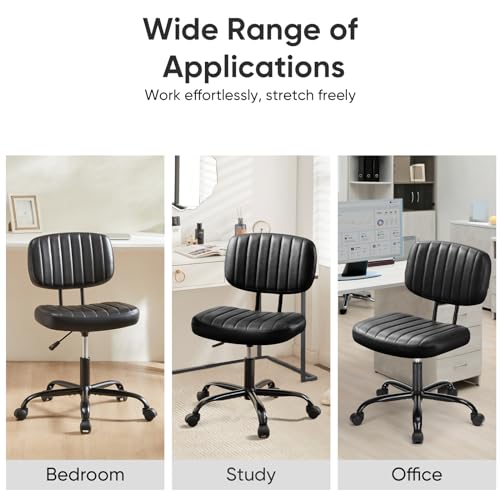 DUMOS Small Armless Home Desk Chair with Low Back Lumbar Support, Height Adjustable PU Leather Computer Task Chair with 360° Swivel Wheels, for Small Space, Adults, New Black