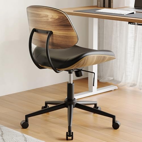 BERYTH Armless Office Chair with Wheels, PU Leather Adjustable Height Desk Chair - 360° Swivel Ergonomic Computer Chair for Small Space, Modern Walnut Style, Home & Meeting Room, Black