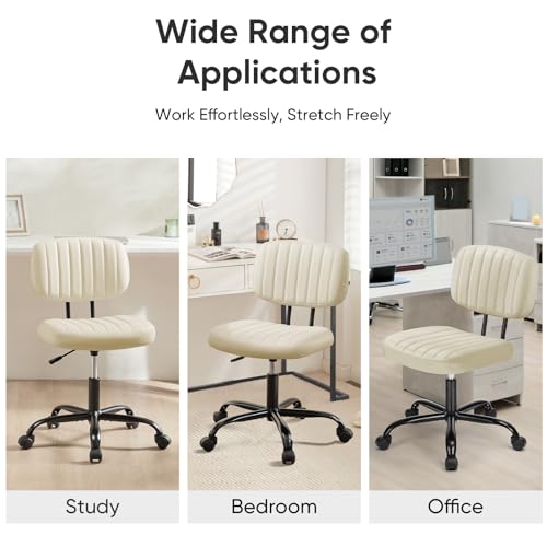 DUMOS Armless Home Office Executive Chair - Small Desk Chair with Low Back Lumbar Support, Height Adjustable PU Leather Computer Task Chair with 360° Swivel Wheels, for Adults, Beige