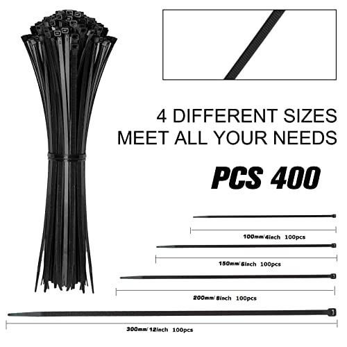 Cable Zip Ties,400 Pack Black Assorted Sizes 12+8+6+4 Inch,Multi-Purpose Self-Locking Nylon Cable Cord Management,Plastic Wire Ties for Home,Office,Garden,Workshop. By HAVE ME TD