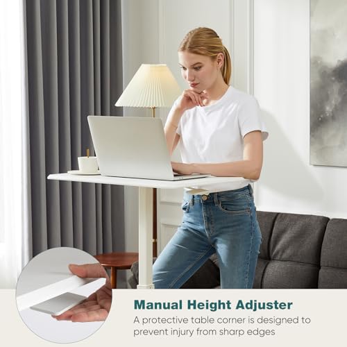 DUMOS Mobile Small Standing Desk, Portable Rolling Laptop Desk with 2 Lockable Wheels, Adjustable Height Computer Workstation for Home Office, 19 Inch White