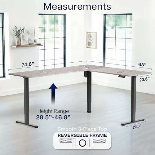 VIVO Corner Standing Desk, 75 x 63 inch Reversible L-Shaped Workstation, Electric Height Adjustment, Home, Office, and Reception Rooms, Dark Gray Table Top Black Frame, DESK-E3CTG-75