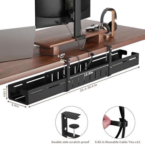 SUREUP9 Under Desk Cable Management Tray, Expandable 25.2"–38.6" Heavy Duty Carbon Steel with Clamp, Hidden Cord Organizer for Desk, Home Office & Standing Desk, No Drill Installation, Black