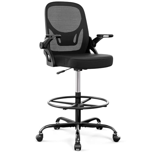 Alolo 450lbs Drafting Chair Tall Office Chair for Standing Desk with Flip-up Armrests,Ergonomic High Desk Chair with Lumbar Support and Adjustable Footrest Ring for Office,Black