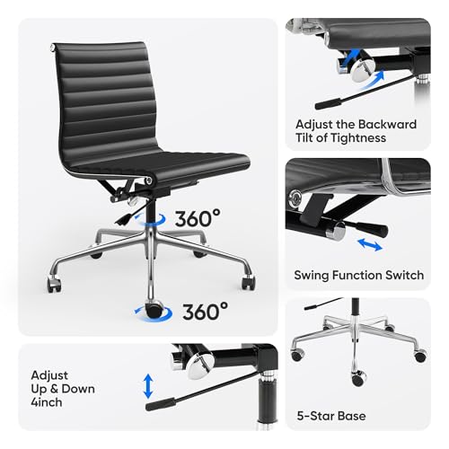 OTDMEL Armless Ribbed Office Desk Chair with Top Grain Leather, Mid Back Ergonomic Swivel Room Chair, Adjustable Height 5-Star Base, Black