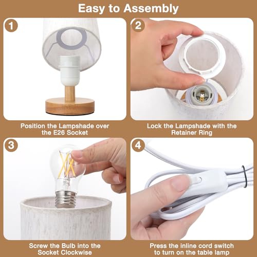 Fenmzee Small Table Lamp for Bedroom - Inline Control, Bedside Lamp with 3000K A15 LED Blub, Easy Assembly (Cream Shade - Wood Base, 9" Inline Control)