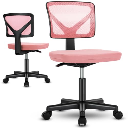 Sweetcrispy Small Desk Chair, Ergonomic Low-Back Mesh Rolling Work Swivel Chairs with Wheels, Armless Comfortable Seat Lumbar Support for Home, Bedroom, Study, Student, Adults,Classic Pink