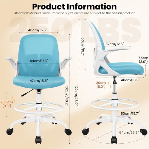 Primy Drafting Chair Tall Office Chair with Flip-up Armrests Executive Ergonomic Computer Standing Desk Chair with Lumbar Support and Adjustable Footrest Ring（Blue）