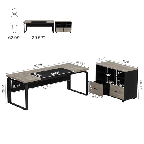 Tribesigns L-Shaped Executive Desk with Reversible File Cabinet, 63" Office Desk with Storage Drawers, L-Shaped Computer Desk with Drawer Cabinet for Hanging Letter Size Files (Gray & Black)