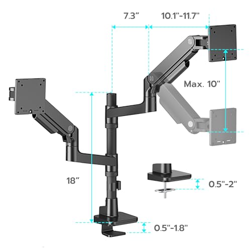 ARES WING Dual Monitor Arm Desk Mount for 17-49 Inch Ultrawide Monitors, Heavy Duty Dual Monitor Mount Holds 44 lbs, Full Motion Gas Spring Vertical Stacked Monitor Mount, 75/100 VESA Mount, Black