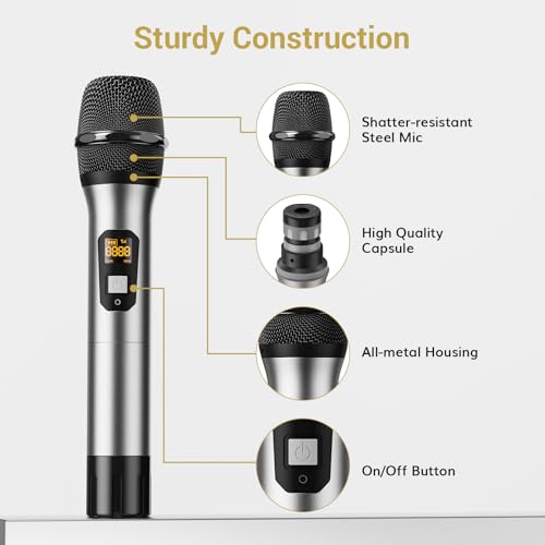 TONOR Wireless Microphones System, 2 * 15 Channel Metal Professional UHF Cordless Dynamic Handheld Mics with Receiver for Home Karaoke, Meeting, Party, Church, Wedding, KTV, 60 m/200ft, TW-820 Silver