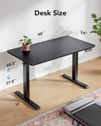 HUANUO 48 x 24 Inch Electric Standing Desk, Height Adjustable Computer Gaming Desk with 4 Memory Presets, Home Office Sit Stand Desk with Hooks & Cable Management, Black