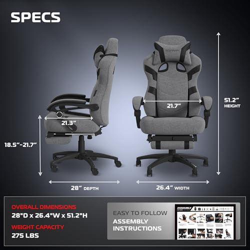Respawn 110 Pro Ergonomic Gaming Chair with Footrest for Adults - Comfortable Office Gaming Recliner with Lumbar Support and Headrest, Racing Style Video Game Chairs for Computer Gamer - Gray Fabric