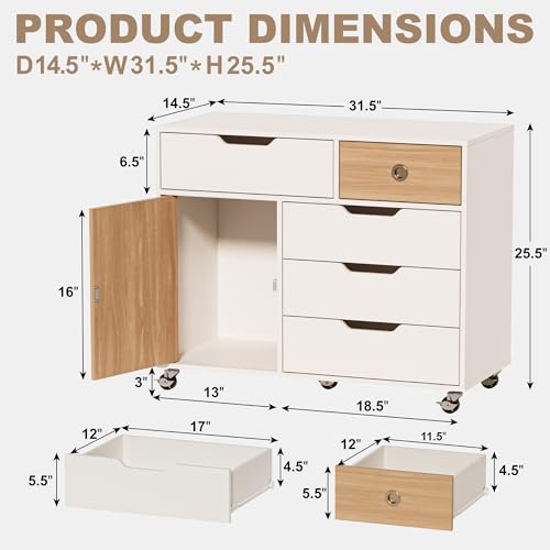 5 Drawers Mobile File Cabinet with Door, Rolling File Cabinet Printer Stand Table Craft Storage Cabinet, Under Desk Wooden Filing Cabinets for Home Office Essentials Storage Organization Furniture