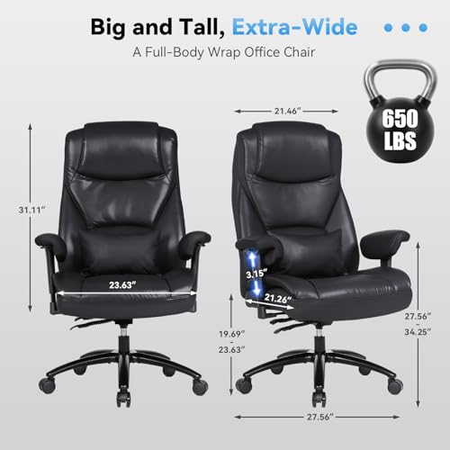 Big and Tall Office Desk Chair with 5-Position Armrests, 650 LBS Heavy Duty Executive Office Chair Comfy, Extra Wide Seat, High Back Computer Chair with Lumbar Support, Reclining Tilt Lock (Black)
