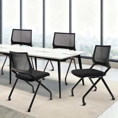 CLATINA Stackable & Foldable Conference Room Chairs, Waiting Room Chairs with Wheels & Lumbar Support, Ergonomic Mesh Bouncing Back Folding Chair for Office Meeting Schools Training Room, Black 20pk