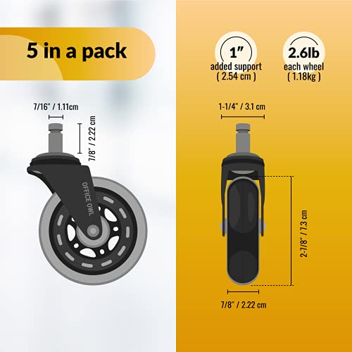 Rollerblade Office Chair Wheels, Set of 5 Replacement Casters for Desk and Gaming Chairs, Safe for Hardwood Floors, Tile, Laminate & Carpet, Support Up to 650 LBS, Easy Install, Universal Fit, Clear