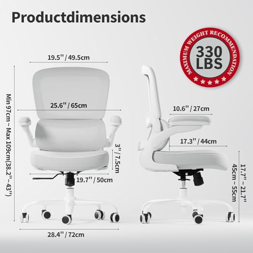 TRALT Ergonomic Office Chair - Desk Chair with Adjustable Lumbar Support Computer Chair - Mesh Comfy Chair with Flip-up Armrests - Gaming Chairs for Adults Home Office (Leather, White)
