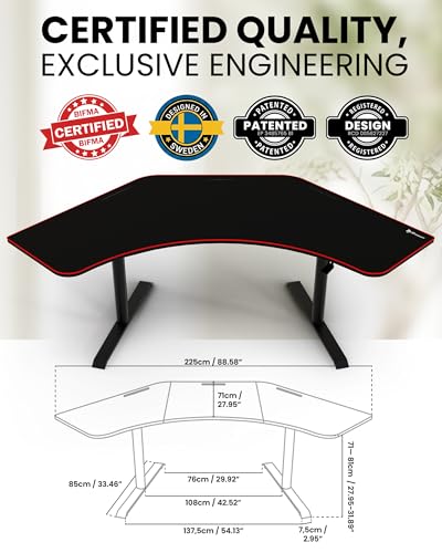 Arozzi Arena Angelo L Shaped GamingDesk, PC GamingDesk L Shape, Height Adjustable L Shaped Standing Desk for Home Office, with Full Coverage Mouse Pad (Black)