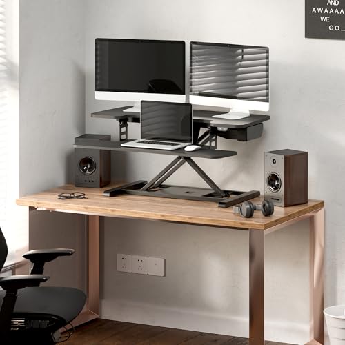 FLEXISPOT 35 inch Electric Standing Desk Converter, Motorized Stand up Desk Riser, Monitor and Laptop Workstation with Wide Keyboard Tray, Black