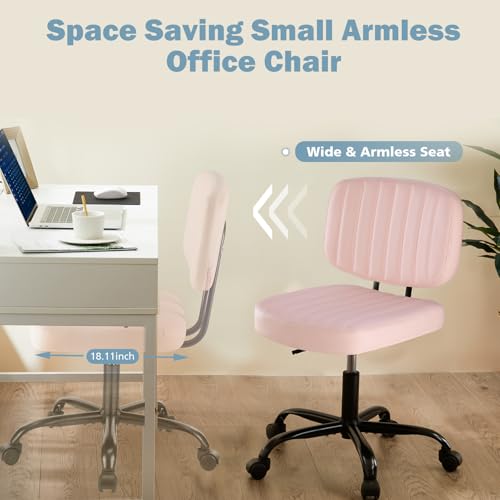 DUMOS Armless Home Office Executive Chair - Small Desk Chair with Low Back Lumbar Support, Height Adjustable PU Leather Computer Task Chair with 360° Swivel Wheels, for Adults, Pink
