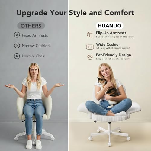 HUANUO Criss Cross Office Chair for Women, Cross Legged Desk Chair with Adjustable Armrests, Soft Corduroy Fabric for Small Spaces, Petite Home Office Computer Chair for Girls, White