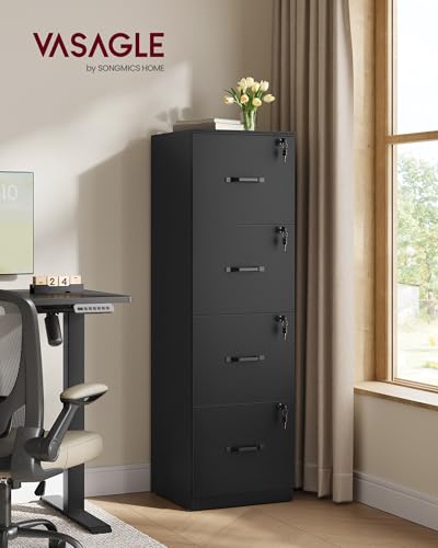 VASAGLE Custos Collection 4-Drawer Vertical File Cabinet for Home Office, Printer Stand, with 4 Lockable Drawers, Adjustable Hanging Rail, for A4 and Letter-Size Files, Ink Black UOFC082B02