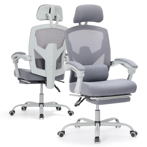 HAPPYMONT Ergonomic Office Chair with Footrest, High Back Home Desk Chair with Lumbar Support & Headrest, 90-135° Reclining Mesh Back Computer Chair with Wheels for Work, Gaming, Grey