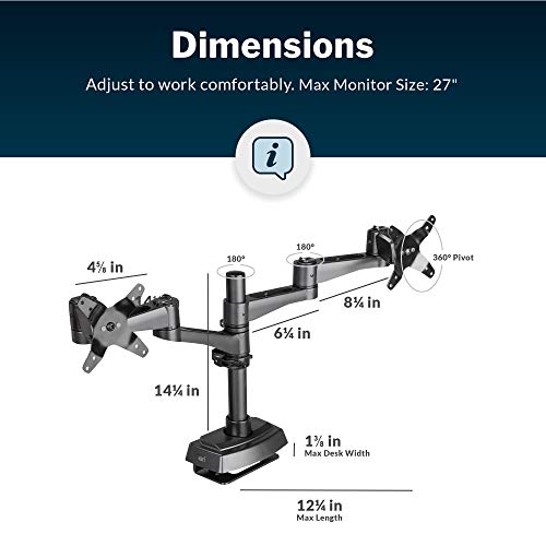 Vari Dual Monitor Arm 180 Degree - VESA Compatible Mount w/ 180 Degree Adjustment - Monitors up to 27 inches, 19.8 lbs - Double Arms for Compact Spaces - Computer Monitor Stand for Home or Office